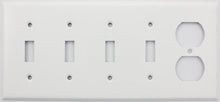 Load image into Gallery viewer, Stamped Steel Smooth White 5 Gang Switch Plate, 4 Toggle Switches 1 Duplex Outlet
