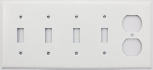Stamped Steel Smooth White 5 Gang Switch Plate, 4 Toggle Switches 1 Duplex Outlet