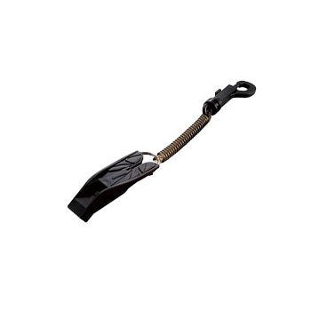 IST Split Fin Shaped Safety Whistle with Coiled Lanyard and Clip (Black)