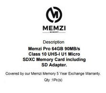 Load image into Gallery viewer, MEMZI PRO 64GB 90MB/s Class 10 Micro SDXC Memory Card with SD Adapter and USB Reader for ASUS ZenFone AR, 5Q, 5Z, 4, 4 Pro, 4 Max, 3, 3 Laser, 3 Zoom, V, Max Plus, Max, Live Cell Phones

