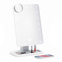 Simply Glamour Adjustable Vanity Mirror with Bluetooth Speaker, USB Charging, LED Lighting, Hands-Free Calling, Siri and Google Assistant Support (10x Magnifying Mirror Included)