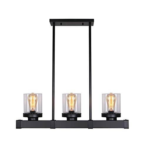 Unitary Brand Antique Black Metal Glass Shade Kitchen Island Light Fixture with 3 E26 Bulb Sockets 120W Painted Finish