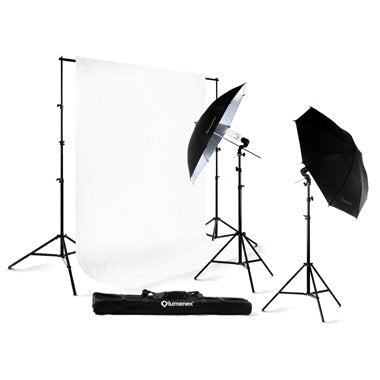 Lumenex Studio 280W Photography Lighting Light Kit + 10' x 10' 100% Cotton White Muslin Backdrop Background Photo Portrait Studio 32