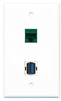 RiteAV - 1 Port Cat6 Ethernet Green 1 Port USB 3 A-A Wall Plate - Bracket Included