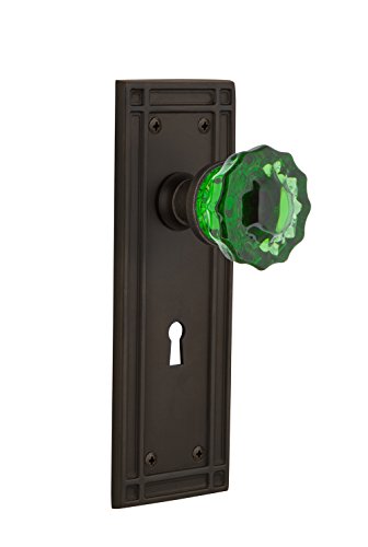 Nostalgic Warehouse 723886 Mission Plate with Keyhole Double Dummy Crystal Emerald Glass Door Knob in Oil-Rubbed Bronze