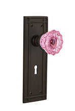 Load image into Gallery viewer, Nostalgic Warehouse 721734 Mission Plate with Keyhole Passage Crystal Pink Glass Door Knob in Oil-Rubbed Bronze, 2.75
