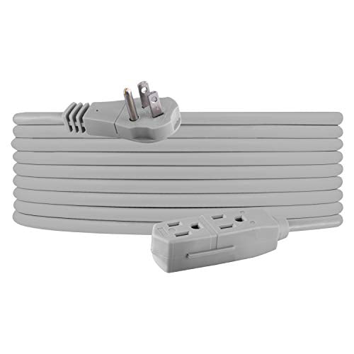 GE Indoor Office Extension Cord, Extra Long 25ft Power Cable, 3 Grounded Outlets, 3 Prong, Low-Profile Right Angle Flat Plug, 16 Gauge, UL Listed, Gray, 43025