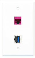 RiteAV - 1 Port Cat5e Ethernet Pink 1 Port USB 3 A-A Wall Plate - Bracket Included