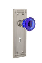Load image into Gallery viewer, Nostalgic Warehouse 725667 Mission Plate with Keyhole Privacy Crystal Cobalt Glass Door Knob in Satin Nickel, 2.375
