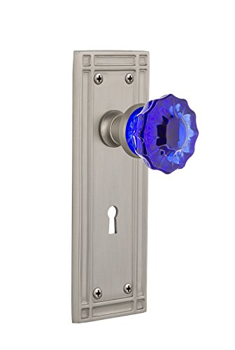 Nostalgic Warehouse 725667 Mission Plate with Keyhole Privacy Crystal Cobalt Glass Door Knob in Satin Nickel, 2.375
