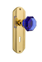 Nostalgic Warehouse 725410 Deco Plate with Keyhole Privacy Waldorf Cobalt Door Knob in Polished Brass, 2.75