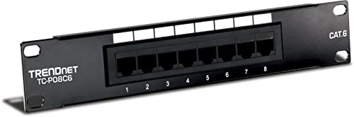 TRENDnet 8-Port Cat6 Unshielded Patch Panel, TC-P08C6, Rackmount, 10 Inch Wide, 8 x Gigabit RJ-45 Ethernet Ports, Pre-numbered Ports, 250 Mhz Connection, Color Coded Labeling, 110 IDC Terminal Blocks