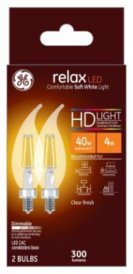 Relax HD Decorative LED Light Bulbs, Candelabra Base, Soft White, Clear, Dimmable, 300 Lumens, 4-Watts