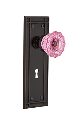 Nostalgic Warehouse 726321 Mission Plate Interior Mortise Crystal Pink Glass Door Knob in Timeless Bronze, 2.25