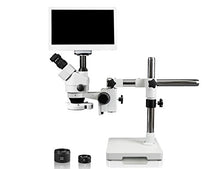 Load image into Gallery viewer, Parco Scientific Simul-Focal Trinocular Zoom Stereo Microscope,10x WF Eyepiece,3.5x-90x Magnification,0.5X &amp; 2X Aux Lens,Single Arm Boom Stand,144-LED Ring Light, 11.6 Screen Display with 5MP Camera
