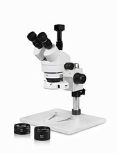 Load image into Gallery viewer, Vision Scientific VS-1AFZ-IFR07-5N Simul-Focal Trinocular Zoom Stereo Microscope,10x WF Eyepiece,3.5x-90x Magnification,0.5X&amp;2X Auxiliary Lens, Pillar Stand W/Large Base,5.0MP Digital Eyepiece Camera
