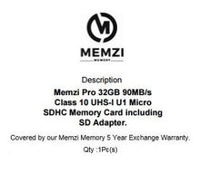Load image into Gallery viewer, MEMZI PRO 32GB 90MB/s Class 10 Micro SDHC Memory Card with SD Adapter for ASUS ZenFone AR, 5Q, 5Z, 4, 4 Pro, 4 Max, 3, 3 Laser, 3 Zoom, V, Max Plus, Max, Live Cell Phones
