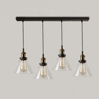 Industrial Retro Country Style Clear Glass Island Chandelier - LITFAD Clear Cone Glass Shade Four Lights Pendant Light Antique Brass & Bronze Finish Ceiling Light