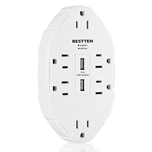 Bestten Usb Wall Outlet Surge Protector With 2.4 A Dual Usb Charging Ports And 6 Grounded Outlets, 15