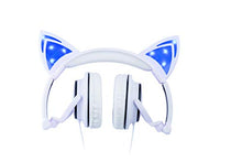 Load image into Gallery viewer, Headphone Over The Ear On The Head Light Up Cat Ear Feline Premium Quality Audio with Super Bass Comfort Padded Ear Cups Foldable 3.5MM Connector (White Cat Headphone)
