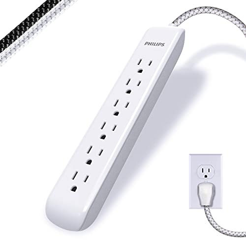 Philips 6 Outlet Surge Protector Power Strip, Designer Braided Power Cord, 4 Ft Power Cord, Flat Plug Extension Cord, Perfect for Office or Home Dcor, 720 Joules, ETL Listed, White, SPC3064WE/37