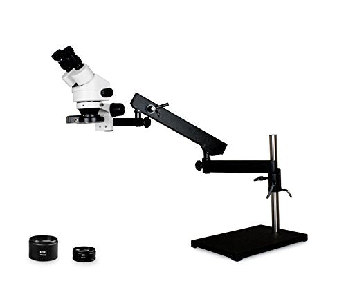Parco Scientific Binocular Zoom Stereo Microscope,10x WF,0.7X4.5X Zoom,3.5X90x Magnification, 0.5X & 2X Aux Lens, Articulating Arm Pillar Stand w/Base, 144-LED Four-Zone Ring Light with Control