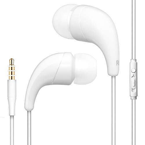 NEM Universal in-Ear Earbuds Headphones Sweatproof Stereo Bass with Microphone/Playback Control, for iPhone, iPod, iPad, Samsung, Huawei, LG, Android Smartphone, Tablets, MP3 Players (White)