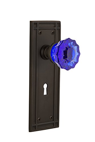 Nostalgic Warehouse 723885 Mission Plate with Keyhole Double Dummy Crystal Cobalt Glass Door Knob in Oil-Rubbed Bronze