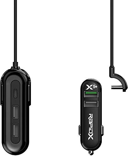 RapidX X5 Plus Car Charger 5 USB Ports QC 3.0/Type C Black on Black