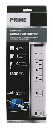 Prime Wire & Cable PB525106 6-Outlet Electronics Surge Protector with 14/3 SJT 4-Feet Cord and USB Charger, White