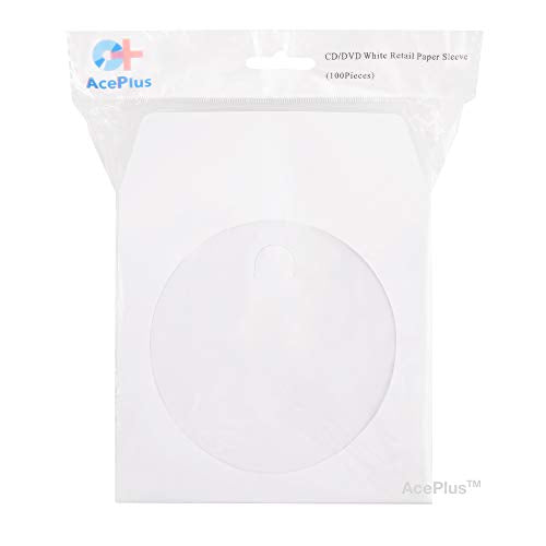 AcePlus 1,000 Premium White Paper Sleeves 100g Weight for CD / DVDs - Envelopes with Clear Window and Flap with Close Tab (1 Box of 10 packs x 100 Sleeves)