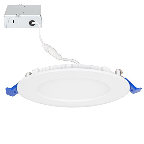 Maxxima 4 in. Dimmable Slim Round LED Downlight, Flat Panel Light Fixture, Recessed Retrofit, 700 Lumens, Warm White 2700K, 10 Watt, Junction Box Included