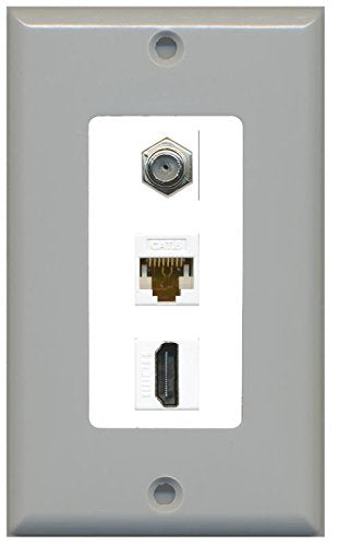 RiteAV Decorative 1 Gang Wall Plate (Gray/White) 3 Port - Coax (White) Cat6 (White) HDMI (White)