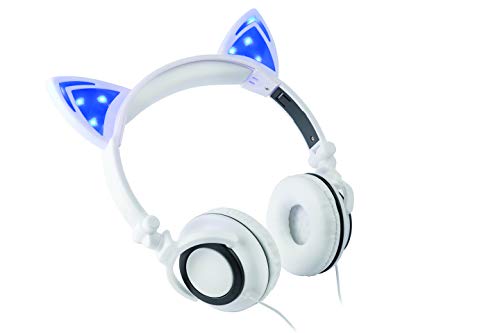 Headphone Over The Ear On The Head Light Up Cat Ear Feline Premium Quality Audio with Super Bass Comfort Padded Ear Cups Foldable 3.5MM Connector (White Cat Headphone)