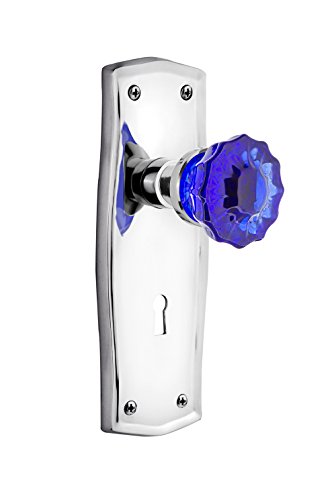 Nostalgic Warehouse 723976 Prairie Plate with Keyhole Double Dummy Crystal Cobalt Glass Door Knob in Bright Chrome