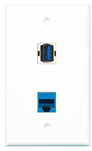 RiteAV - 1 Port Cat5e Ethernet Blue 1 Port USB 3 A-A Wall Plate - Bracket Included