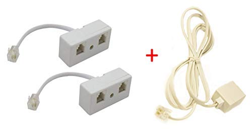 Two Way Telephone Splitter Y Adapter + Extender Long Cable, RJ11 6P4C Male to 2 Female Converter Cable for Telephone Wall Adaptor and Separator For Landline Telephones or Fax Machine