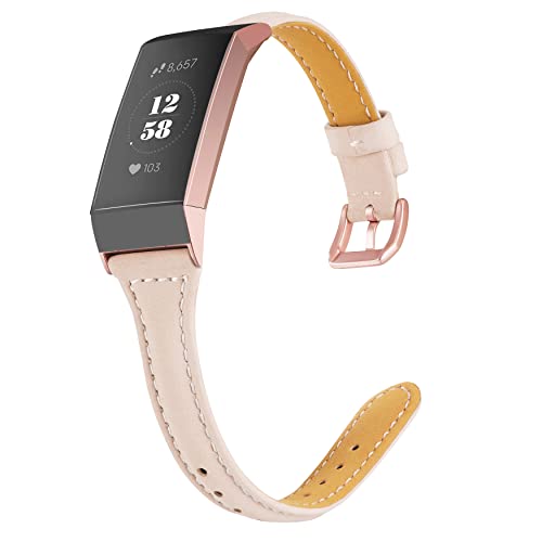 Wearlizer Compatible with Charge 3 Bands/for Fitbit Charge 4 Band Women Slim Leather Replacement Fit Charge hr 3 4 Special Edition Rose Gold Band Accessories Strap Beige