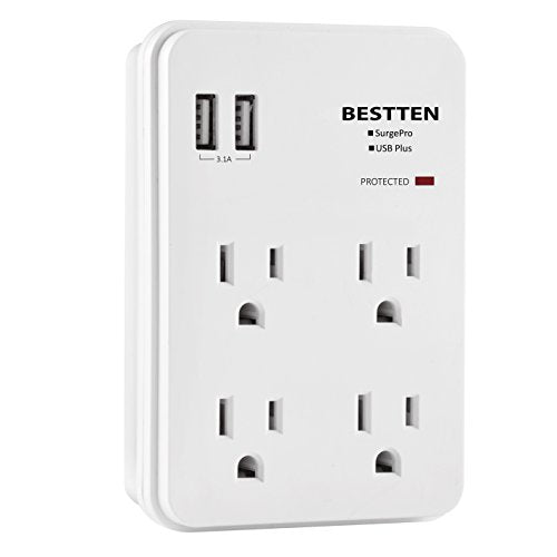 Bestten Wall Outlet Surge Protector With 2 Usb Charging Ports (5 V/2.4 A) And 4 Ac Outlets, 15 A/125 V/1