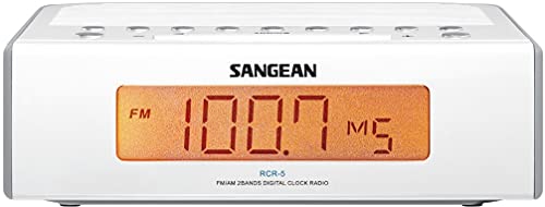 Sangean RCR-5 Compact AM/FM Digital Tuning Clock Radio, White, 10 Memory Preset Stations (5 FM, 5 AM), Adjustable Backlit LCD Display, Digital Tuning, Adjustable Tuning Step, Dual Alarm Timer