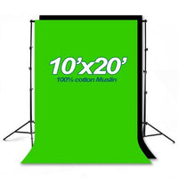 Lumenex Studio Heavy Duty 10' x 8.5' Background Stand Backdrop Support System Kit + 10' X 20' 100% Cotton Green Chroma Key Muslin Backdrop + 10' x 20' 100% Cotton Black Muslin Backdrop Background Phot