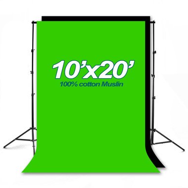 Lumenex Studio Heavy Duty 10' x 8.5' Background Stand Backdrop Support System Kit + 10' X 20' 100% Cotton Green Chroma Key Muslin Backdrop + 10' x 20' 100% Cotton Black Muslin Backdrop Background Phot