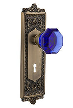 Load image into Gallery viewer, Nostalgic Warehouse 726232 Egg &amp; Dart Plate Interior Mortise Waldorf Cobalt Door Knob in Antique Brass, 2.25 with Keyhole
