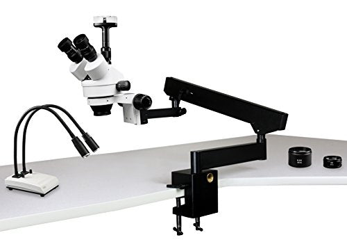 Parco Scientific Simul-Focal Trinocular Zoom Stereo Microscope,10xWF Eyepiece,3.5x-90x Magnification,0.5x&2xAux Lens,Articulating Arm Clamp Stand,LED Gooseneck Dual Light,3.0MP Digital Eyepiece Camera