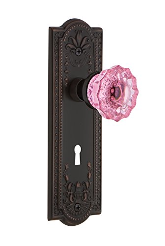 Nostalgic Warehouse 722864 Meadows Plate with Keyhole Single Dummy Crystal Pink Glass Door Knob in Timeless Bronze