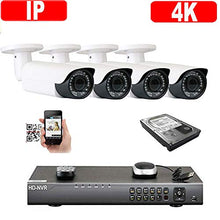 Load image into Gallery viewer, Amview 4Channel 4K H.265 NVR 2592x1920P 5MP PoE IP (4) Bullet 2.8-12mm Varifoval Zoom Lens Security Camera System
