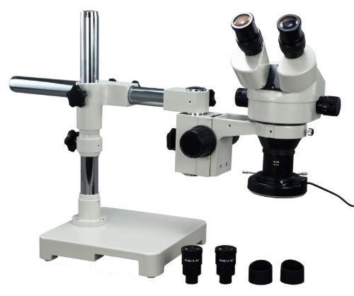 OMAX 2.1X-90X Zoom Binocular Single-Bar Boom Stand Stereo Microscope with 144 LED Ring Light and Light Control Box