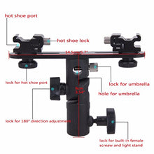 Load image into Gallery viewer, EXMAX E2 Adjustable Double Flash Bracket Dual Hot Shoe Speedlight Stand Umbrella Holder Light Stand Bracket Mount 1/4&quot; to 3/8&#39;&#39; for Studio Video DSLR Camera Canon Nikon Yongnuo
