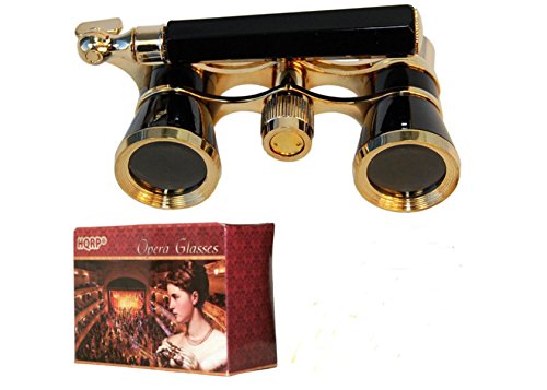 HQRP Opera Glasses Black with Gold Color Trim w/Built-in Extendable Handle in Gift Box