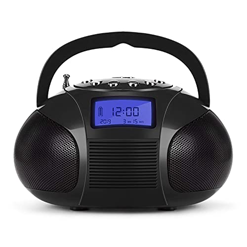 August SE20 - Mini Bluetooth MP3 Stereo - Portable Radio with Powerful Bluetooth Speakers - FM Alarm Clock Radio with SD Card Reader, USB and AUX in - Black